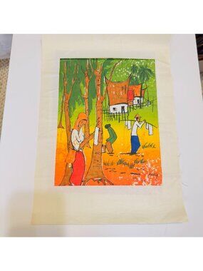 Handmade Malaysian Batik Painting Fabric Signed Vibrant Village Life Scene